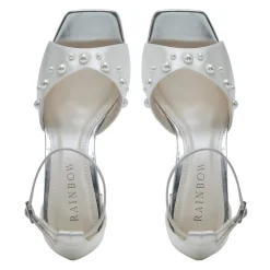 Rainbow Club Wedding Guest Shoes | Bridesmaid Shoes*Maya Mid Satin Pearl Block Heel Square Toe Sandals Ivory