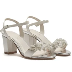 Rainbow Club Wedding Shoes | Mid Heel*Mia Satin Embellished Block Heel Sandals Ivory