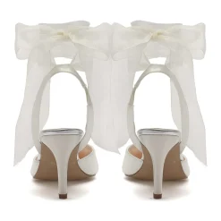 Rainbow Club Wedding Shoes | Mid Heel*Mimi Chiffon Ribbon Bow Pointed Slingback Heels Ivory