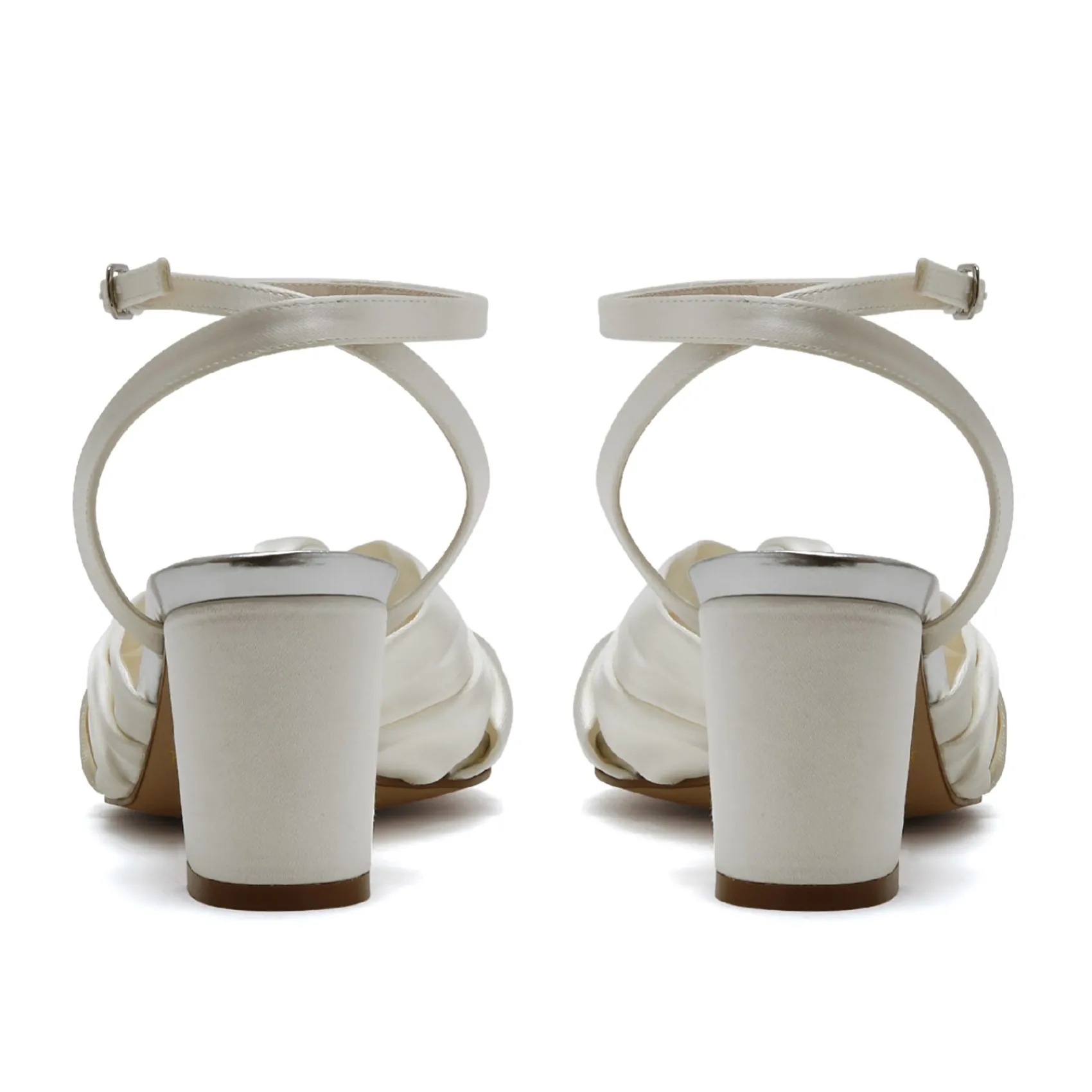 Rainbow Club Wedding Shoes | Mid Heel*Thea Satin Wide Fit Knotted Block Heel Sandals Ivory