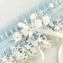 Boudoir Couture Something Blue Gifts | Bride Gifts*Rhapsody Blue Lace and Ivory Tulle Vintage Garter with Rose Detail Blue/ Ivory
