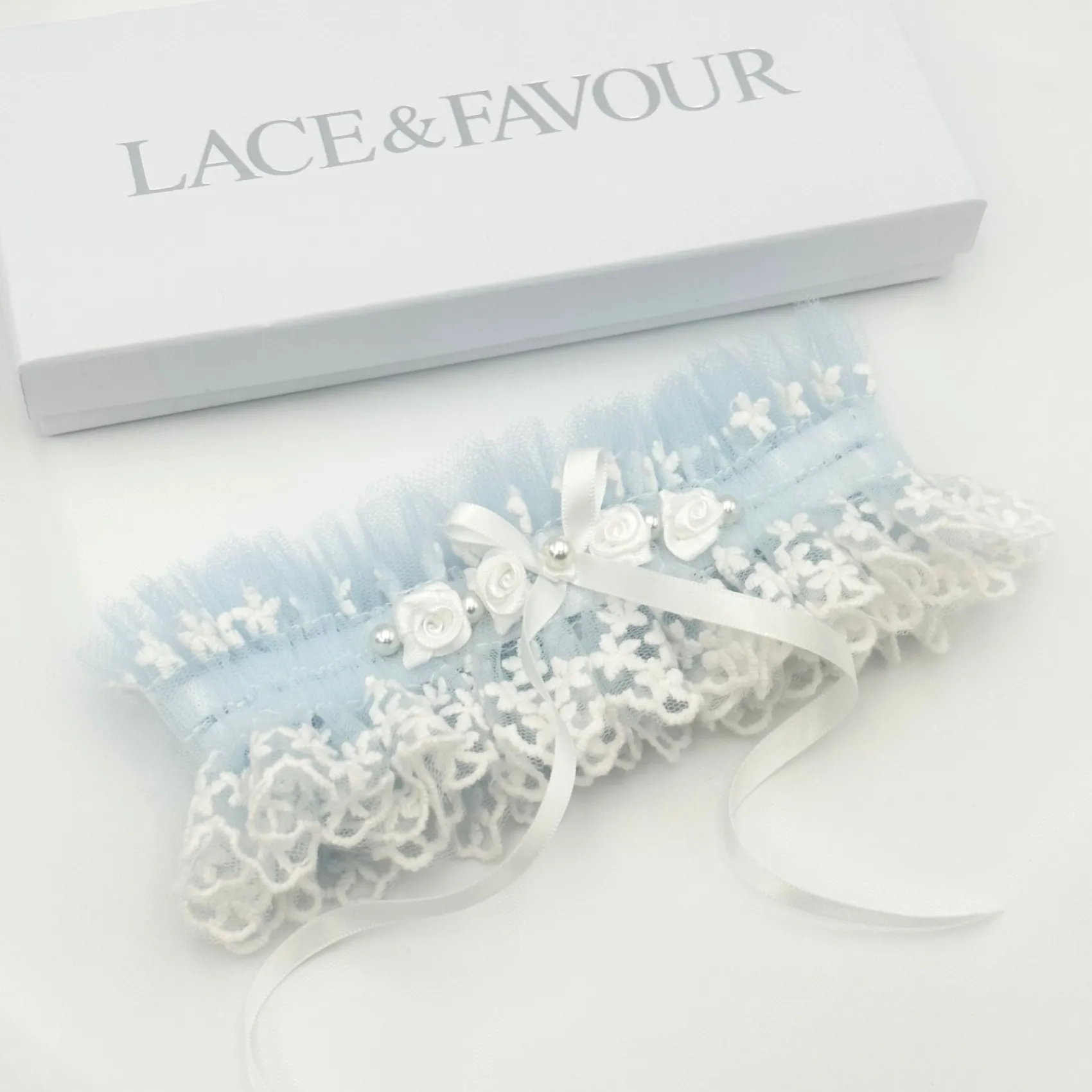 Boudoir Couture Something Blue Gifts | Bride Gifts*Rhapsody Blue Lace and Ivory Tulle Vintage Garter with Rose Detail Blue/ Ivory