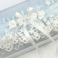 Boudoir Couture Something Blue Gifts | Bride Gifts*Rhapsody Blue Lace and Ivory Tulle Vintage Garter with Rose Detail Blue/ Ivory