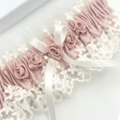 Boudoir Couture Bride Gifts | Bridal Garters*Rhapsody Blush Silk and Ivory Vintage Lace Garter with Rose Detail Blush/ Ivory