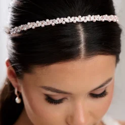 Lace & Favour Prom Headbands & Tiaras | Pearl Hair Accessories*Rochelle Rose Gold Narrow Crystal and Pearl Headband Ivory/ Rose Gold