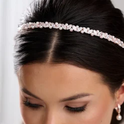 Lace & Favour Prom Headbands & Tiaras | Pearl Hair Accessories*Rochelle Rose Gold Narrow Crystal and Pearl Headband Ivory/ Rose Gold