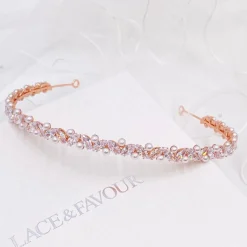 Lace & Favour Prom Headbands & Tiaras | Pearl Hair Accessories*Rochelle Rose Gold Narrow Crystal and Pearl Headband Ivory/ Rose Gold