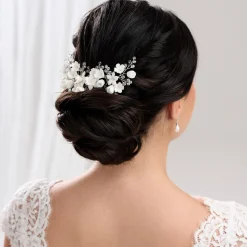 Lace & Favour Crystal Hair Accessories | Silver Hair Accessories*Rosewood Porcelain Flowers and Crystal Silver Hair Comb Ivory/ Silver
