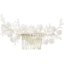Lace & Favour Crystal Hair Accessories | Gold Hair Accessories*Rosewood Porcelain Flowers and Crystal Gold Hair Comb Ivory/ Gold