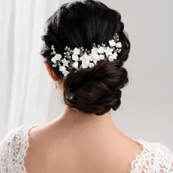 Lace & Favour Crystal Hair Accessories | Silver Hair Accessories*Rosewood Porcelain Flowers and Crystal Silver Hair Comb Ivory/ Silver