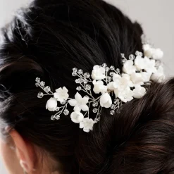 Lace & Favour Crystal Hair Accessories | Silver Hair Accessories*Rosewood Porcelain Flowers and Crystal Silver Hair Comb Ivory/ Silver