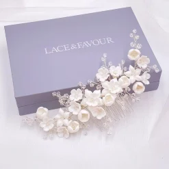 Lace & Favour Crystal Hair Accessories | Silver Hair Accessories*Rosewood Porcelain Flowers and Crystal Silver Hair Comb Ivory/ Silver