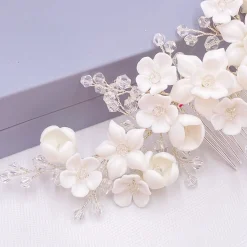Lace & Favour Crystal Hair Accessories | Silver Hair Accessories*Rosewood Porcelain Flowers and Crystal Silver Hair Comb Ivory/ Silver