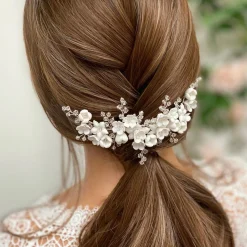 Lace & Favour Crystal Hair Accessories | Silver Hair Accessories*Rosewood Porcelain Flowers and Crystal Silver Hair Comb Ivory/ Silver