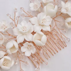 Lace & Favour Crystal Hair Accessories | Rose Gold Hair Accessories*Rosewood Porcelain Flowers and Crystal Rose Gold Hair Comb Ivory/ Rose Gold