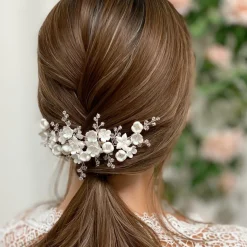Lace & Favour Crystal Hair Accessories | Silver Hair Accessories*Rosewood Porcelain Flowers and Crystal Silver Hair Comb Ivory/ Silver
