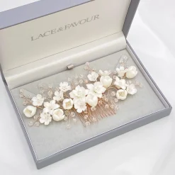 Lace & Favour Crystal Hair Accessories | Rose Gold Hair Accessories*Rosewood Porcelain Flowers and Crystal Rose Gold Hair Comb Ivory/ Rose Gold