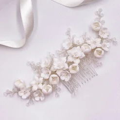 Lace & Favour Crystal Hair Accessories | Silver Hair Accessories*Rosewood Porcelain Flowers and Crystal Silver Hair Comb Ivory/ Silver
