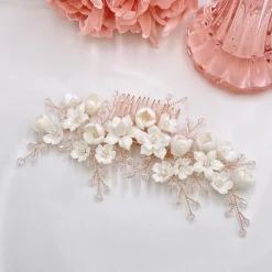 Lace & Favour Crystal Hair Accessories | Rose Gold Hair Accessories*Rosewood Porcelain Flowers and Crystal Rose Gold Hair Comb Ivory/ Rose Gold