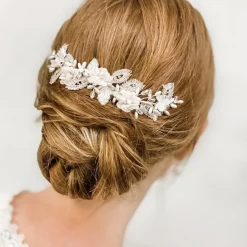 Beads & Beyond Silver Hair Accessories | Wedding Hair Flowers*Sabrina Beaded Leaves and Opal Crystal Blush Flowers Hair Comb Blush/ Ivory