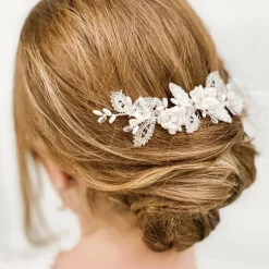Beads & Beyond Silver Hair Accessories | Wedding Hair Flowers*Sabrina Beaded Leaves and Opal Crystal Blush Flowers Hair Comb Blush/ Ivory