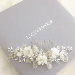 Beads & Beyond Bride Gifts | Silver Hair Accessories*Sabrina Beaded Leaves and Opal Crystal Ivory Flowers Hair Comb Ivory/ Silver