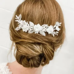 Beads & Beyond Bride Gifts | Silver Hair Accessories*Sabrina Beaded Leaves and Opal Crystal Ivory Flowers Hair Comb Ivory/ Silver