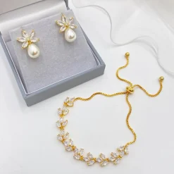 Lace & Favour Pearl Jewellery | Gold Wedding Jewellery*Sahara Gold Crystal Leaves and Teardrop Pearl Earrings Ivory/ Gold