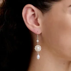 Lace & Favour Pearl Jewellery | Silver Wedding Jewellery*Selaina Floral Freshwater Pearl Chandelier Earrings Ivory/ Silver