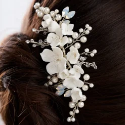 Lace & Favour Crystal Hair Accessories | Pearl Hair Accessories*Seychelles Ivory Porcelain Flowers, Pearl and Crystal Hair Comb Ivory/ Silver