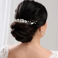 Lace & Favour Pearl Hair Accessories | Silver Hair Accessories*Skye Porcelain Flowers and Pearl Hair Comb (Silver) Ivory/ Silver