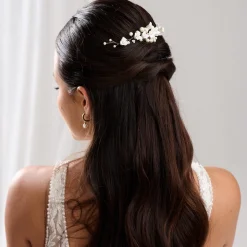 Lace & Favour Pearl Hair Accessories | Gold Hair Accessories*Skye Porcelain Flowers and Pearl Bridal Hair Comb (Gold) Ivory/ Gold