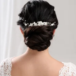 Lace & Favour Pearl Hair Accessories | Silver Hair Accessories*Skye Porcelain Flowers and Pearl Hair Comb (Silver) Ivory/ Silver
