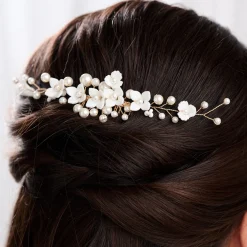 Lace & Favour Pearl Hair Accessories | Gold Hair Accessories*Skye Porcelain Flowers and Pearl Bridal Hair Comb (Gold) Ivory/ Gold