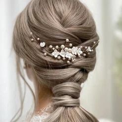 Lace & Favour Pearl Hair Accessories | Gold Hair Accessories*Skye Porcelain Flowers and Pearl Bridal Hair Comb (Gold) Ivory/ Gold