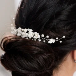 Lace & Favour Pearl Hair Accessories | Silver Hair Accessories*Skye Porcelain Flowers and Pearl Hair Comb (Silver) Ivory/ Silver