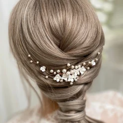 Lace & Favour Pearl Hair Accessories | Gold Hair Accessories*Skye Porcelain Flowers and Pearl Bridal Hair Comb (Gold) Ivory/ Gold