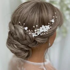 Lace & Favour Pearl Hair Accessories | Silver Hair Accessories*Skye Porcelain Flowers and Pearl Hair Comb (Silver) Ivory/ Silver