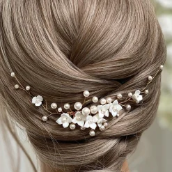 Lace & Favour Pearl Hair Accessories | Gold Hair Accessories*Skye Porcelain Flowers and Pearl Bridal Hair Comb (Gold) Ivory/ Gold