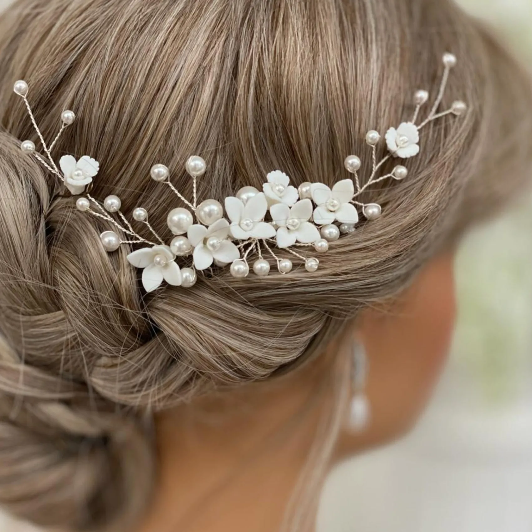 Lace & Favour Pearl Hair Accessories | Silver Hair Accessories*Skye Porcelain Flowers and Pearl Hair Comb (Silver) Ivory/ Silver