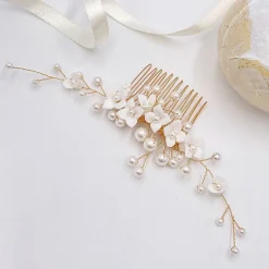 Lace & Favour Pearl Hair Accessories | Gold Hair Accessories*Skye Porcelain Flowers and Pearl Bridal Hair Comb (Gold) Ivory/ Gold