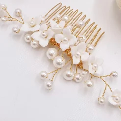 Lace & Favour Pearl Hair Accessories | Gold Hair Accessories*Skye Porcelain Flowers and Pearl Bridal Hair Comb (Gold) Ivory/ Gold