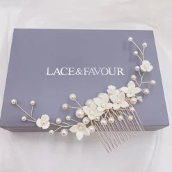 Lace & Favour Pearl Hair Accessories | Silver Hair Accessories*Skye Porcelain Flowers and Pearl Hair Comb (Silver) Ivory/ Silver