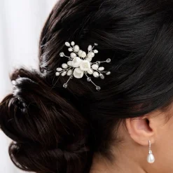 Lace & Favour Bride Gifts | Pearl Hair Accessories*Snowdrop Porcelain Flowers and Freshwater Pearl Hair Pin (Silver) Ivory/ Silver