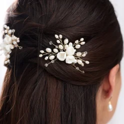 Lace & Favour Bride Gifts | Pearl Hair Accessories*Snowdrop Porcelain Flowers and Freshwater Pearl Hair Pin (Gold) Ivory/ Gold
