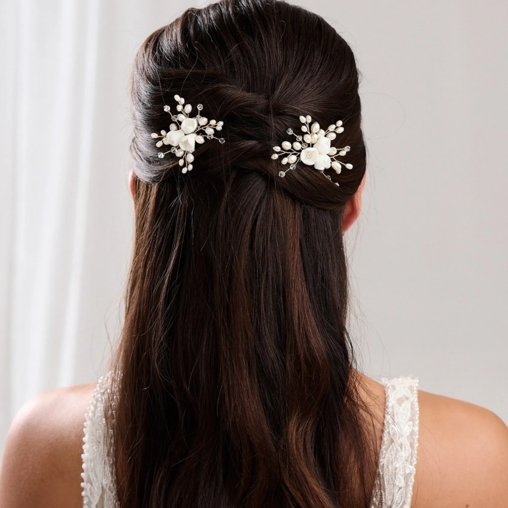 Lace & Favour Bride Gifts | Pearl Hair Accessories*Snowdrop Porcelain Flowers and Freshwater Pearl Hair Pin (Gold) Ivory/ Gold