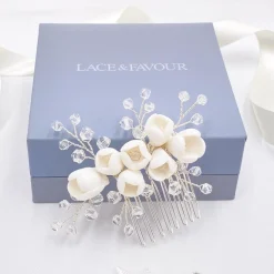 Lace & Favour Crystal Hair Accessories | Silver Hair Accessories*Snowdrop Porcelain Flowers and Crystal Mini Hair Comb Ivory/ Silver