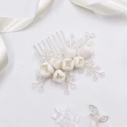 Lace & Favour Crystal Hair Accessories | Silver Hair Accessories*Snowdrop Porcelain Flowers and Crystal Mini Hair Comb Ivory/ Silver