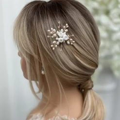 Lace & Favour Bride Gifts | Pearl Hair Accessories*Snowdrop Porcelain Flowers and Freshwater Pearl Hair Pin (Gold) Ivory/ Gold