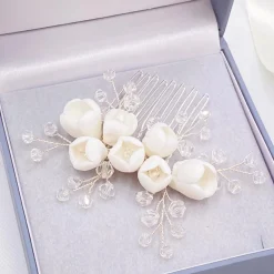 Lace & Favour Crystal Hair Accessories | Silver Hair Accessories*Snowdrop Porcelain Flowers and Crystal Mini Hair Comb Ivory/ Silver